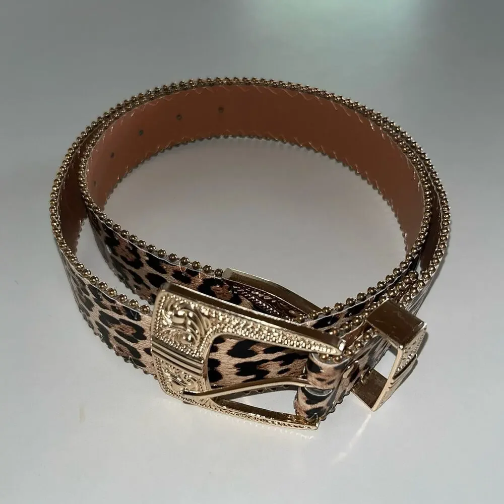 Faux Leather Leopard Cheetah Print Gold Accents Y2K Belt (OS1)